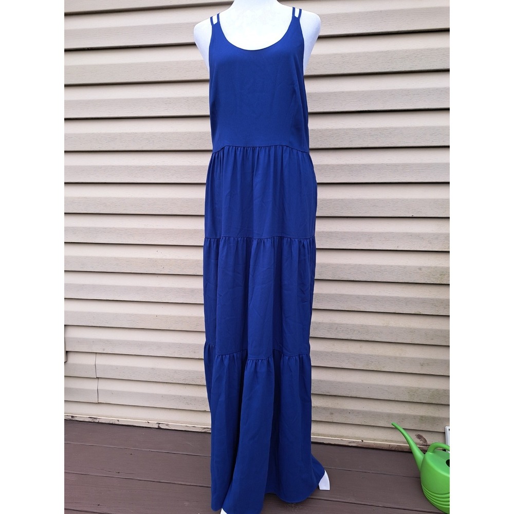 Ann Taylor Loft Blue Maxi Dress‎ Tiered Criss-cross Back Side Zipper 10